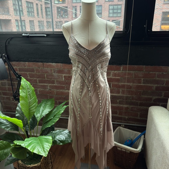 Sue Wong Dusty Rose Beaded Asymmetrical Slip Dress